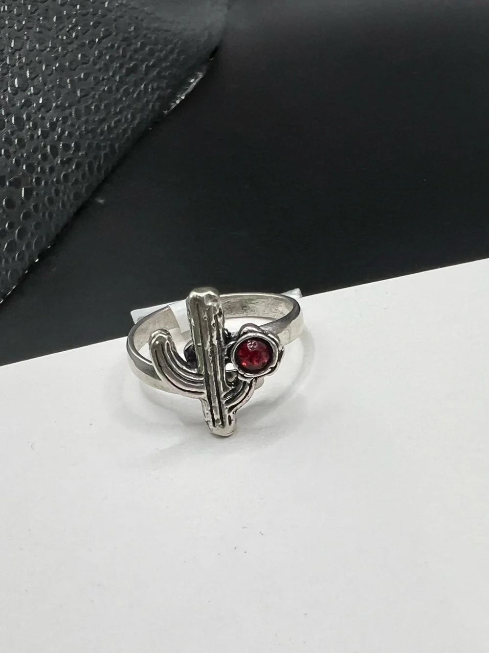 Silver Cactus Ring with Red Zirconia- Women Ring, Size: 9